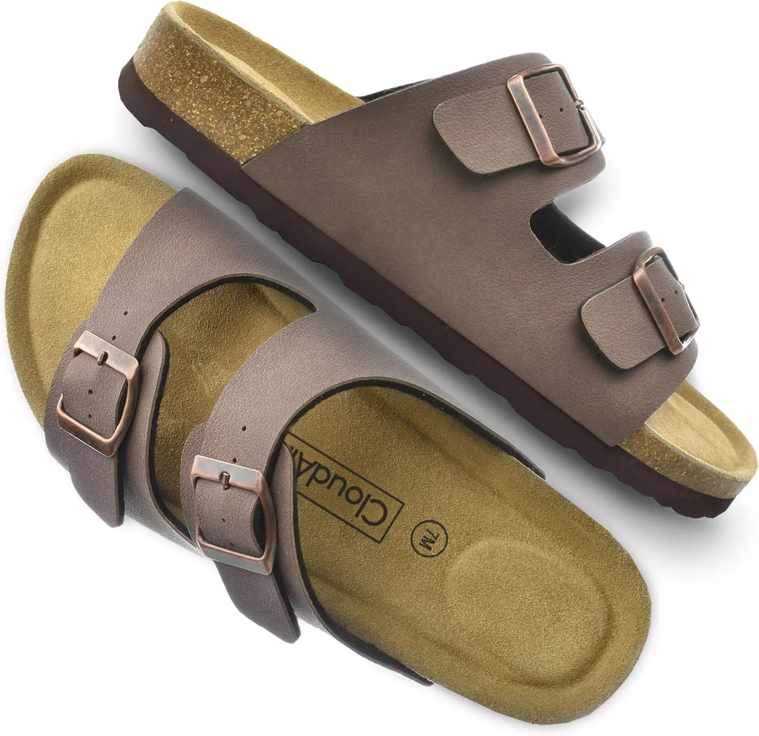 CLOUDAIR Joyce Sandals, Women’s Arch Support Slides, Suede Vegan Leather, Two Adjustable Buckle Straps, Cork Footbed