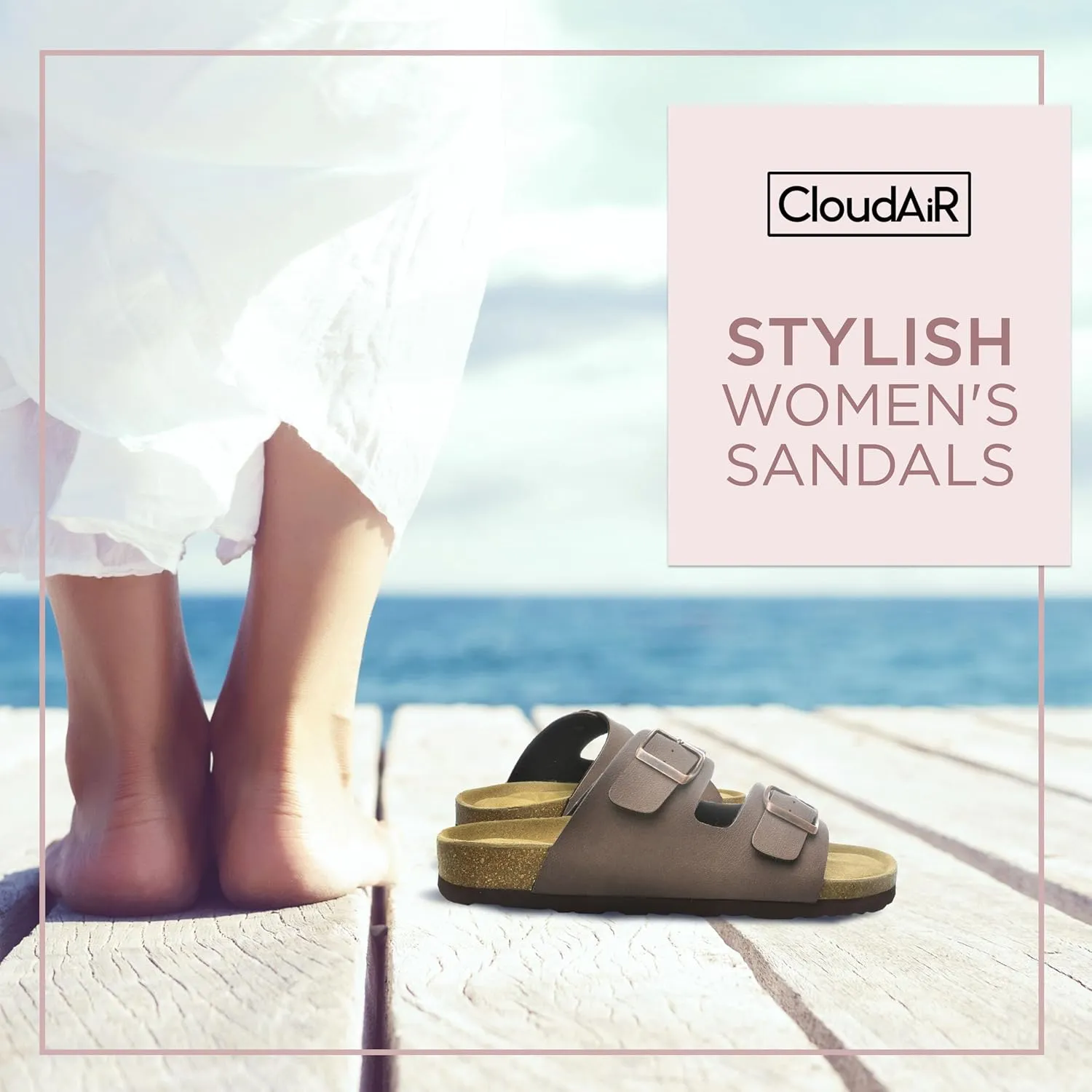 CLOUDAIR Joyce Sandals, Women’s Arch Support Slides, Suede Vegan Leather, Two Adjustable Buckle Straps, Cork Footbed