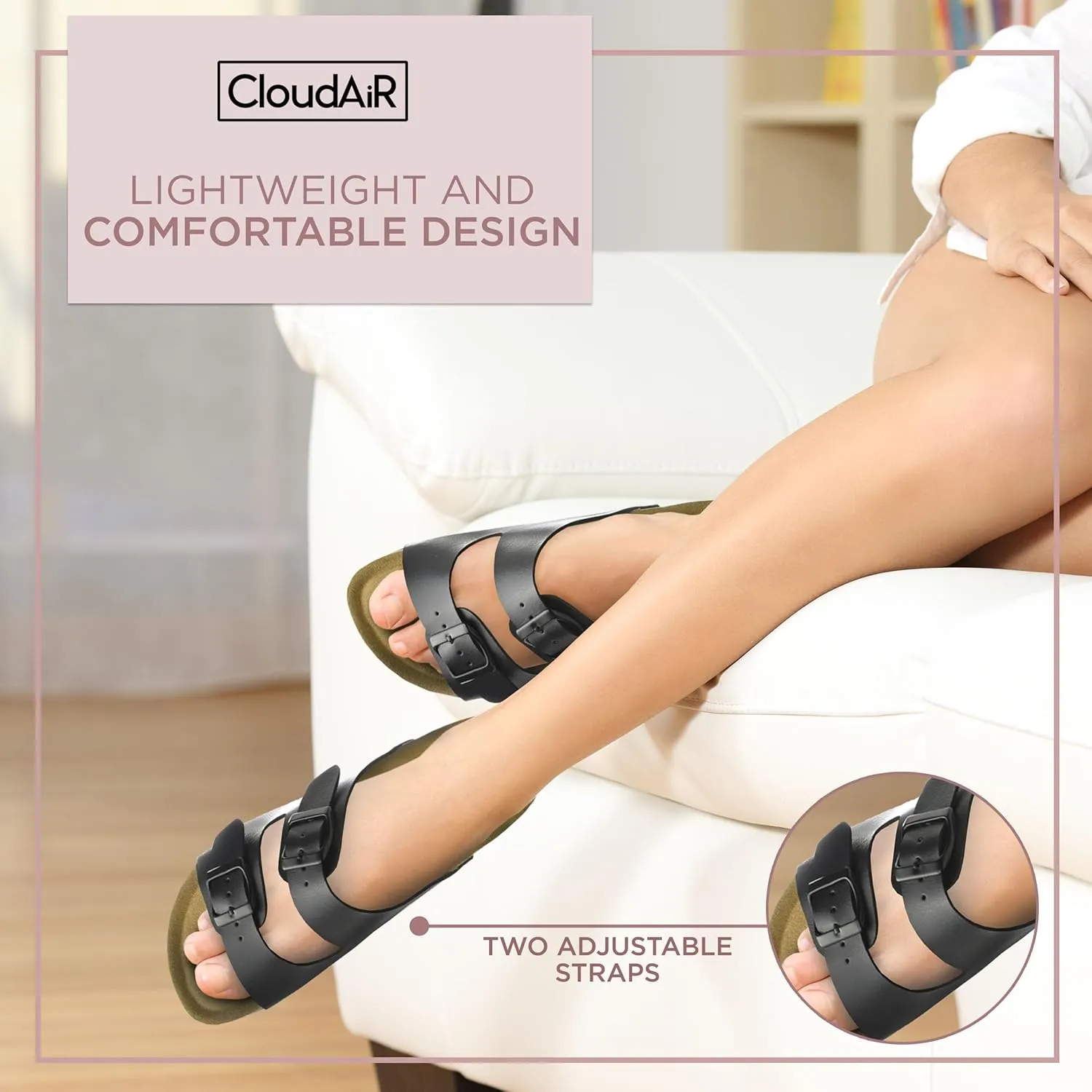 CLOUDAIR Joyce Sandals, Women’s Arch Support Slides, Suede Vegan Leather, Two Adjustable Buckle Straps, Cork Footbed