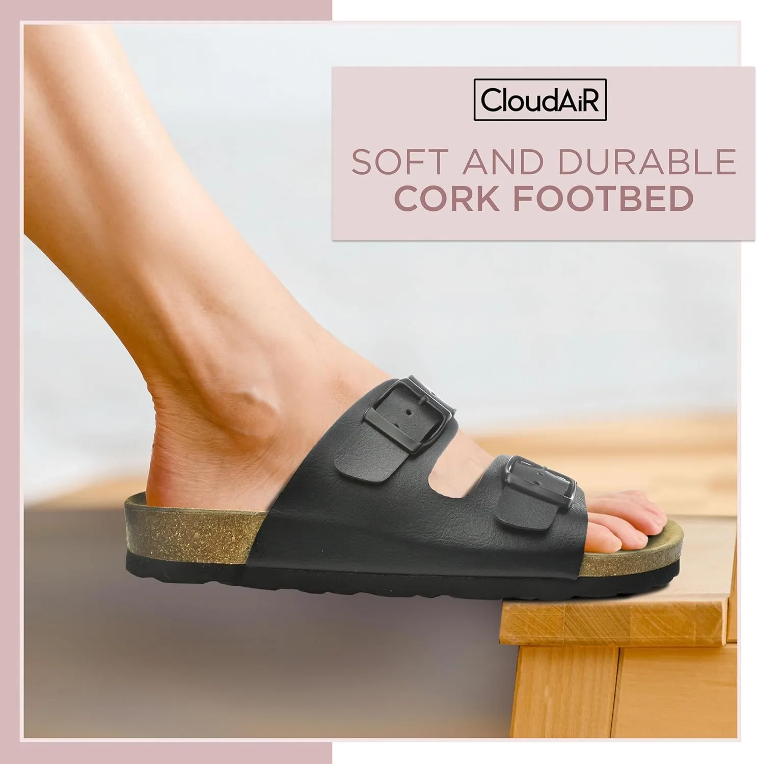 CLOUDAIR Joyce Sandals, Women’s Arch Support Slides, Suede Vegan Leather, Two Adjustable Buckle Straps, Cork Footbed