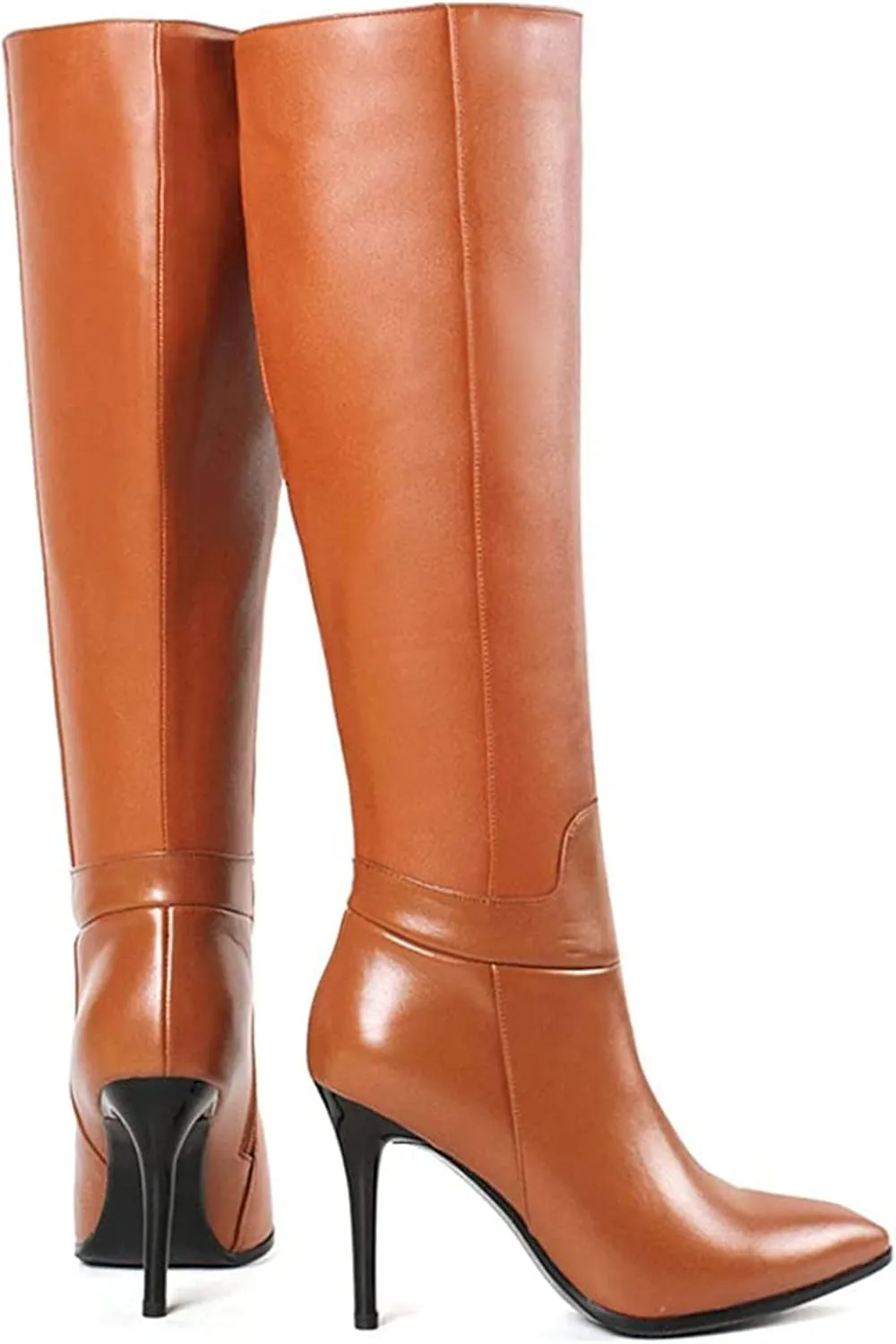 COLETER Women's Leather Knee High Boots Pointy Toe Side-Zip High Heels Dress Boots