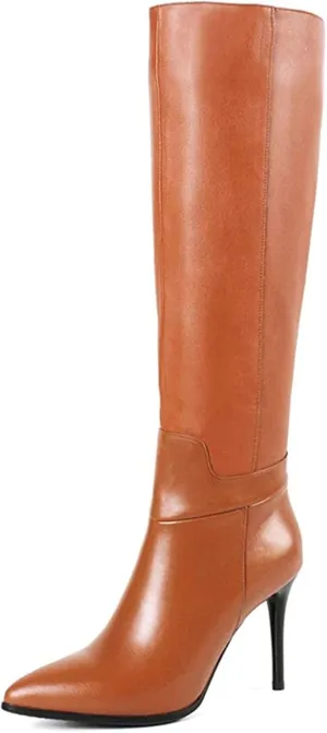 COLETER Women's Leather Knee High Boots Pointy Toe Side-Zip High Heels Dress Boots