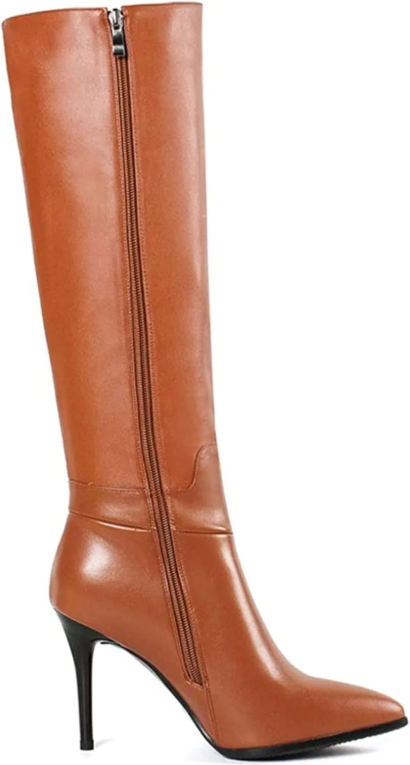 COLETER Women's Leather Knee High Boots Pointy Toe Side-Zip High Heels Dress Boots