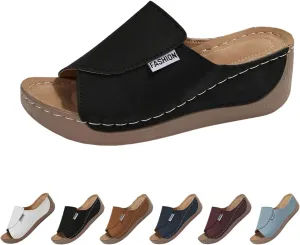 Comfortable Arch Support Slides with Solid Color, 2025 New Sandals for Women Breathable Summer Orthotic Leather Platform Wedge Sandals Slip on Women All Day Walking Casual Flip Flops