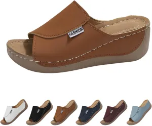 Comfortable Arch Support Slides with Solid Color, 2025 New Sandals for Women Breathable Summer Orthotic Leather Platform Wedge Sandals Slip on Women All Day Walking Casual Flip Flops