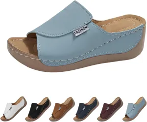 Comfortable Arch Support Slides with Solid Color, 2025 New Sandals for Women Breathable Summer Orthotic Leather Platform Wedge Sandals Slip on Women All Day Walking Casual Flip Flops