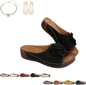 Comfortable Non-Slip Solid Color Open-Toe Wedge Sandals for Women, Women's Lightweight Flowers Open Toe Sandals, Mesh Slip-on Wide Casual Slip Arch Support Orthopedic Slides
