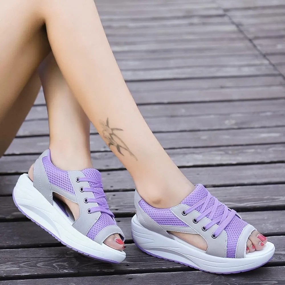 Contrast Paneled Cutout Lace-Up Muffin Sandals, Women Causal Toe Platform Sandals for Indoor and Outdoor