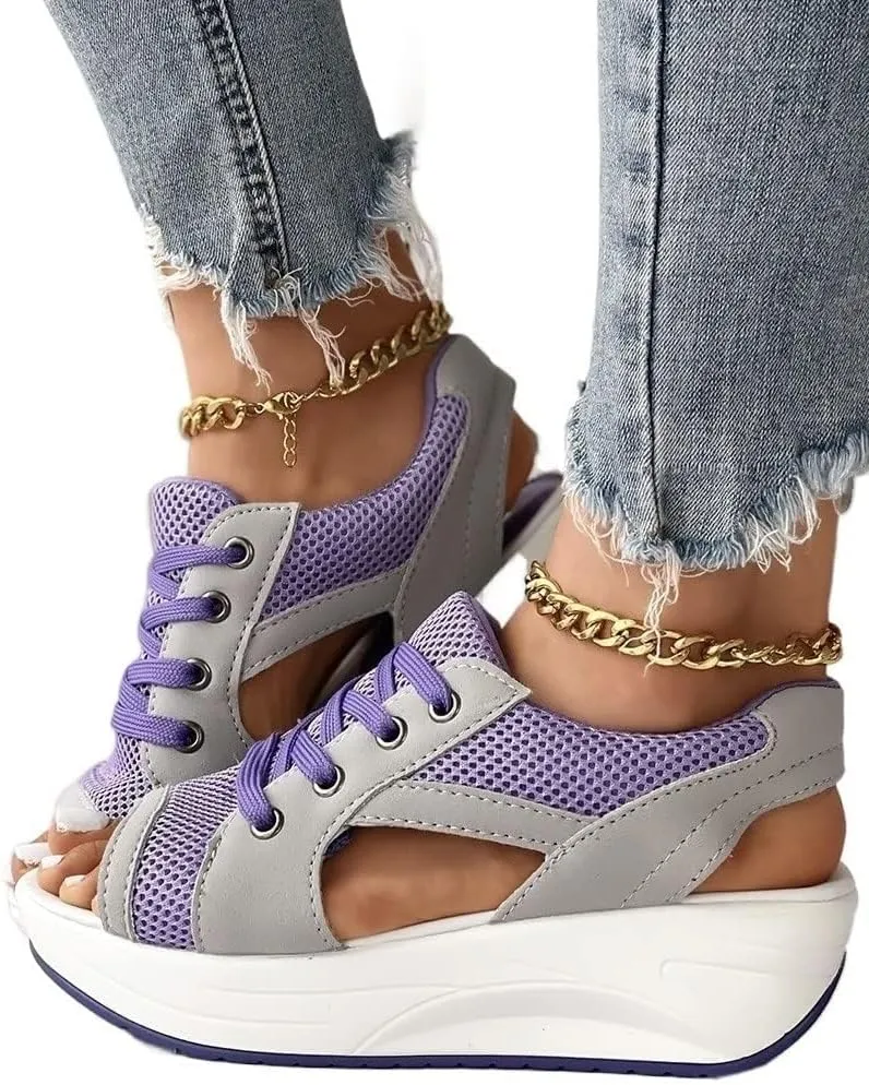 Contrast Paneled Cutout Lace-Up Muffin Sandals, Women Causal Toe Platform Sandals for Indoor and Outdoor