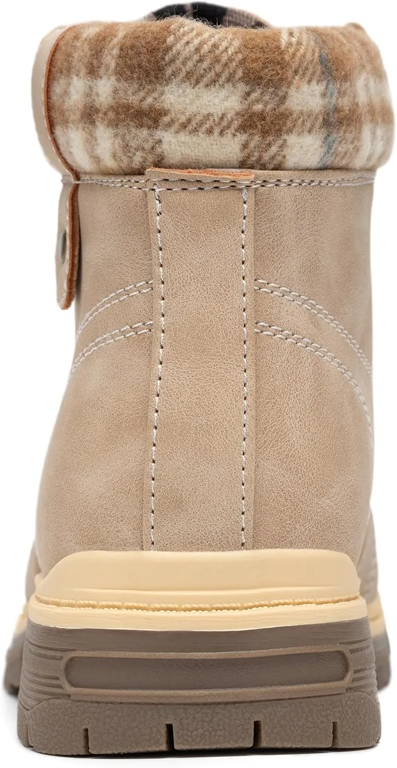 COTTIMO Snow Hiking Winter Boots for Women - Casual Brown Combat Work Boot - Non-slip Fur-Lined Ankle Boots - Fashion Boots Waterproof Leather Shoes