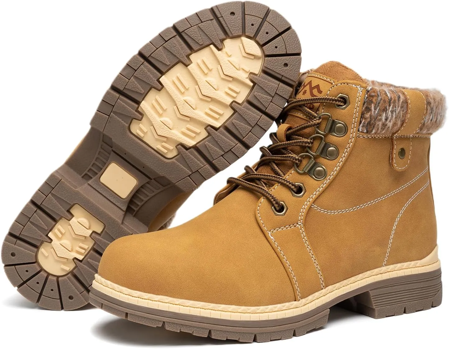COTTIMO Snow Hiking Winter Boots for Women - Casual Brown Combat Work Boot - Non-slip Fur-Lined Ankle Boots - Fashion Boots Waterproof Leather Shoes
