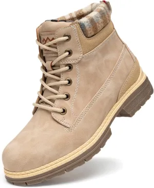 COTTIMO Snow Hiking Winter Boots for Women - Casual Brown Combat Work Boot - Non-slip Fur-Lined Ankle Boots - Fashion Boots Waterproof Leather Shoes