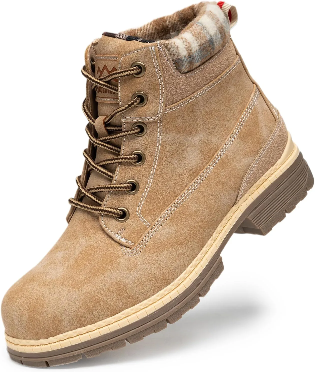 COTTIMO Snow Hiking Winter Boots for Women - Casual Brown Combat Work Boot - Non-slip Fur-Lined Ankle Boots - Fashion Boots Waterproof Leather Shoes