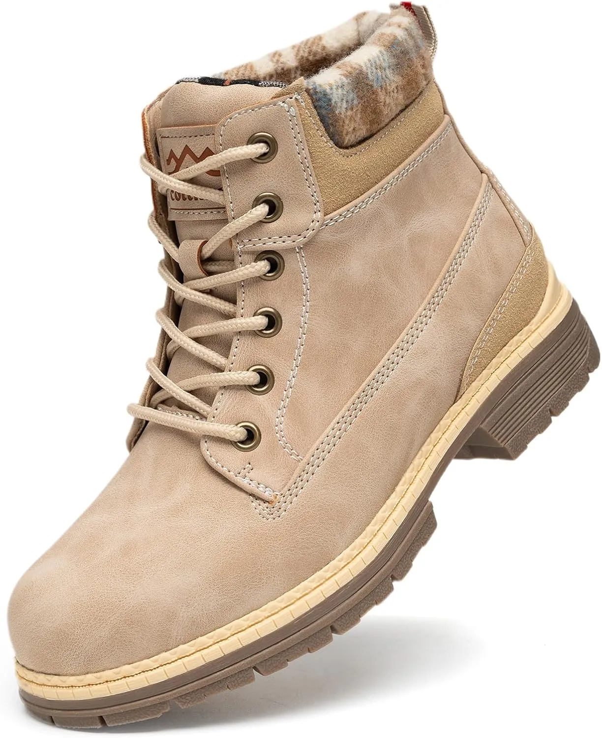 COTTIMO Snow Hiking Winter Boots for Women - Casual Brown Combat Work Boot - Non-slip Fur-Lined Ankle Boots - Fashion Boots Waterproof Leather Shoes