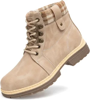 COTTIMO Snow Hiking Winter Boots for Women - Casual Brown Combat Work Boot - Non-slip Fur-Lined Ankle Boots - Fashion Boots Waterproof Leather Shoes