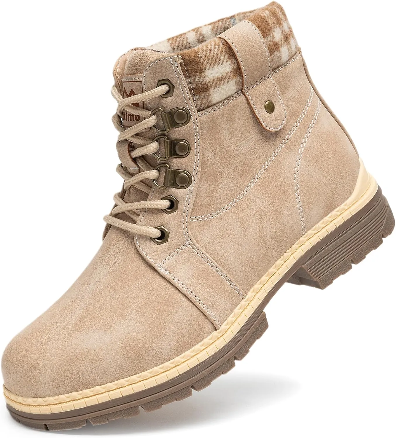 COTTIMO Snow Hiking Winter Boots for Women - Casual Brown Combat Work Boot - Non-slip Fur-Lined Ankle Boots - Fashion Boots Waterproof Leather Shoes