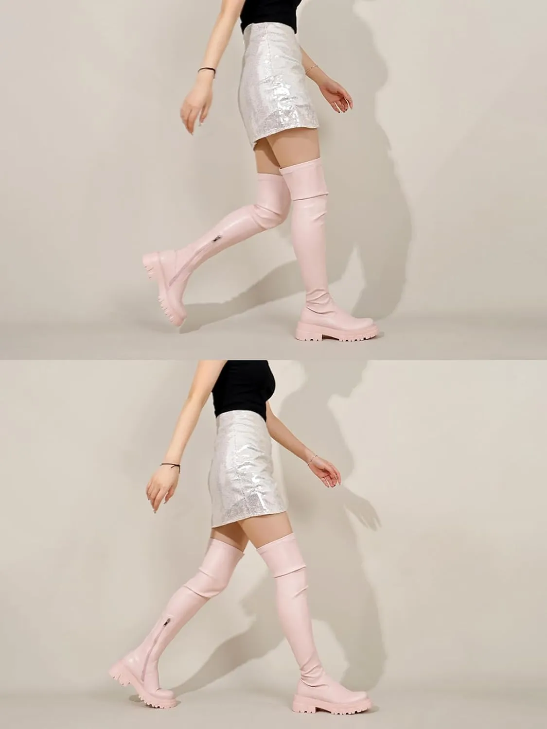 CouieCuies Black Thigh High Boots For Women Platform Over The Knee High Boots Lug Sole Comfortable Stretch Boots 6-11
