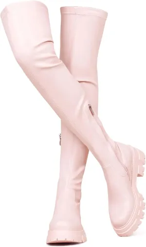CouieCuies Black Thigh High Boots For Women Platform Over The Knee High Boots Lug Sole Comfortable Stretch Boots 6-11