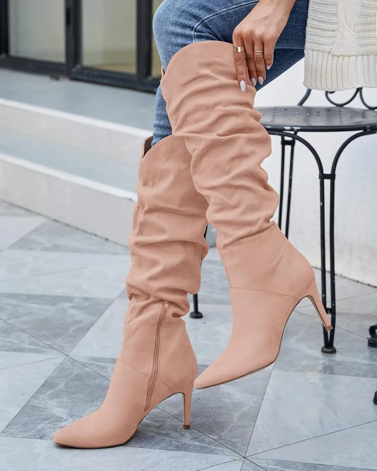 Coutgo Womens Knee High Boots Faux Suede Almond Toe Stiletto High Heel Slouchy Side Zipper Booties