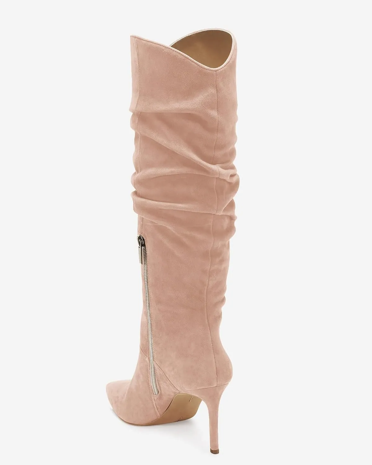 Coutgo Womens Knee High Boots Faux Suede Almond Toe Stiletto High Heel Slouchy Side Zipper Booties