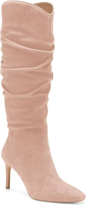 Coutgo Womens Knee High Boots Faux Suede Almond Toe Stiletto High Heel Slouchy Side Zipper Booties