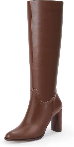 Coutgo Womens Knee High Boots Pointed Toe Chunky Heel Boot Side Zipper Winter Long Boots