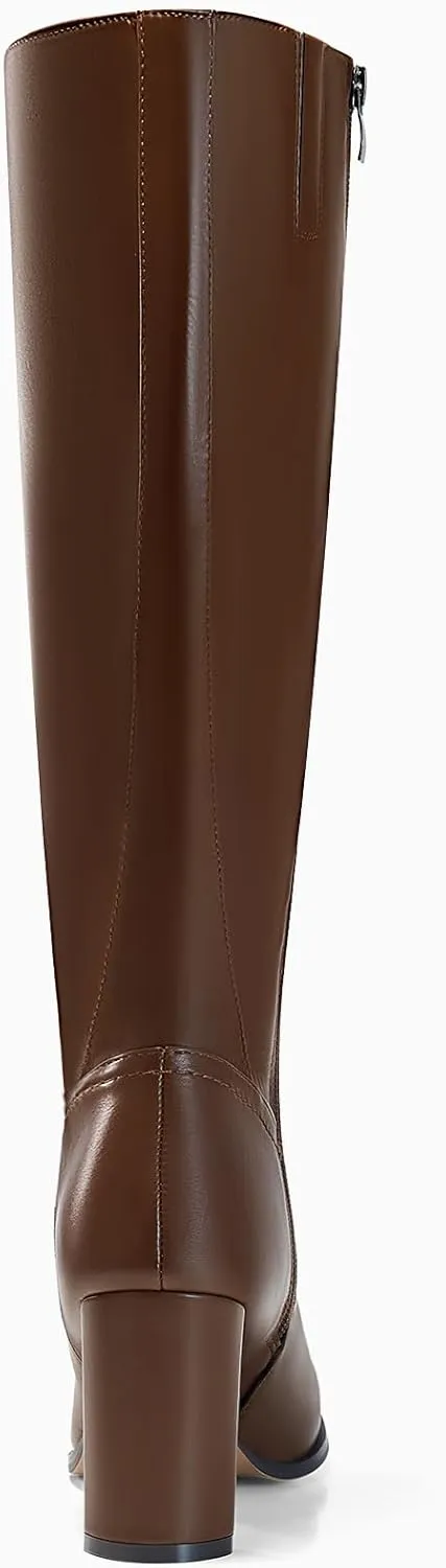 Coutgo Womens Knee High Boots Pointed Toe Chunky Heel Boot Side Zipper Winter Long Boots