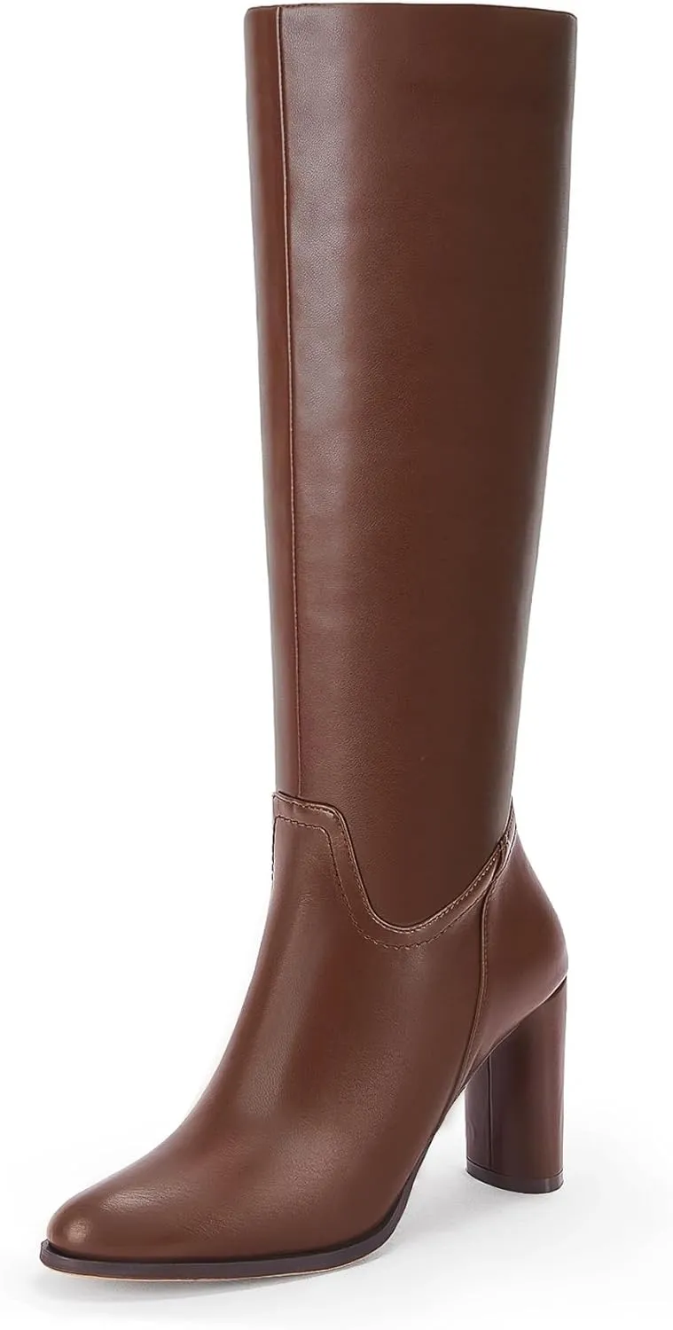 Coutgo Womens Knee High Boots Pointed Toe Chunky Heel Boot Side Zipper Winter Long Boots