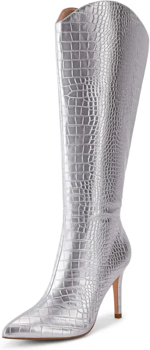 Coutgo Womens Knee High Boots Stiletto High Heels Pointed Toe Faux Crocodile Tall Boots Fall Winter Shoes