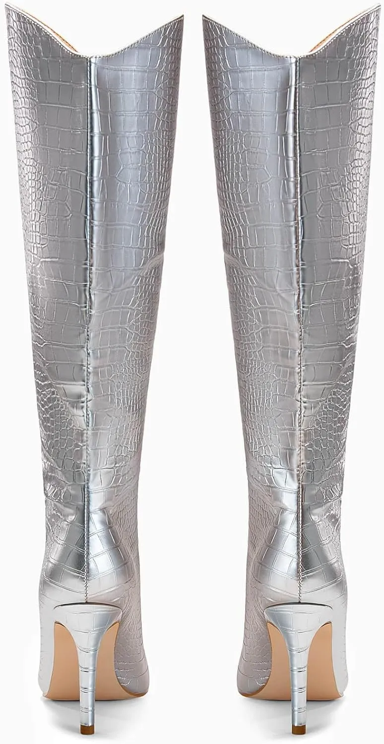 Coutgo Womens Knee High Boots Stiletto High Heels Pointed Toe Faux Crocodile Tall Boots Fall Winter Shoes
