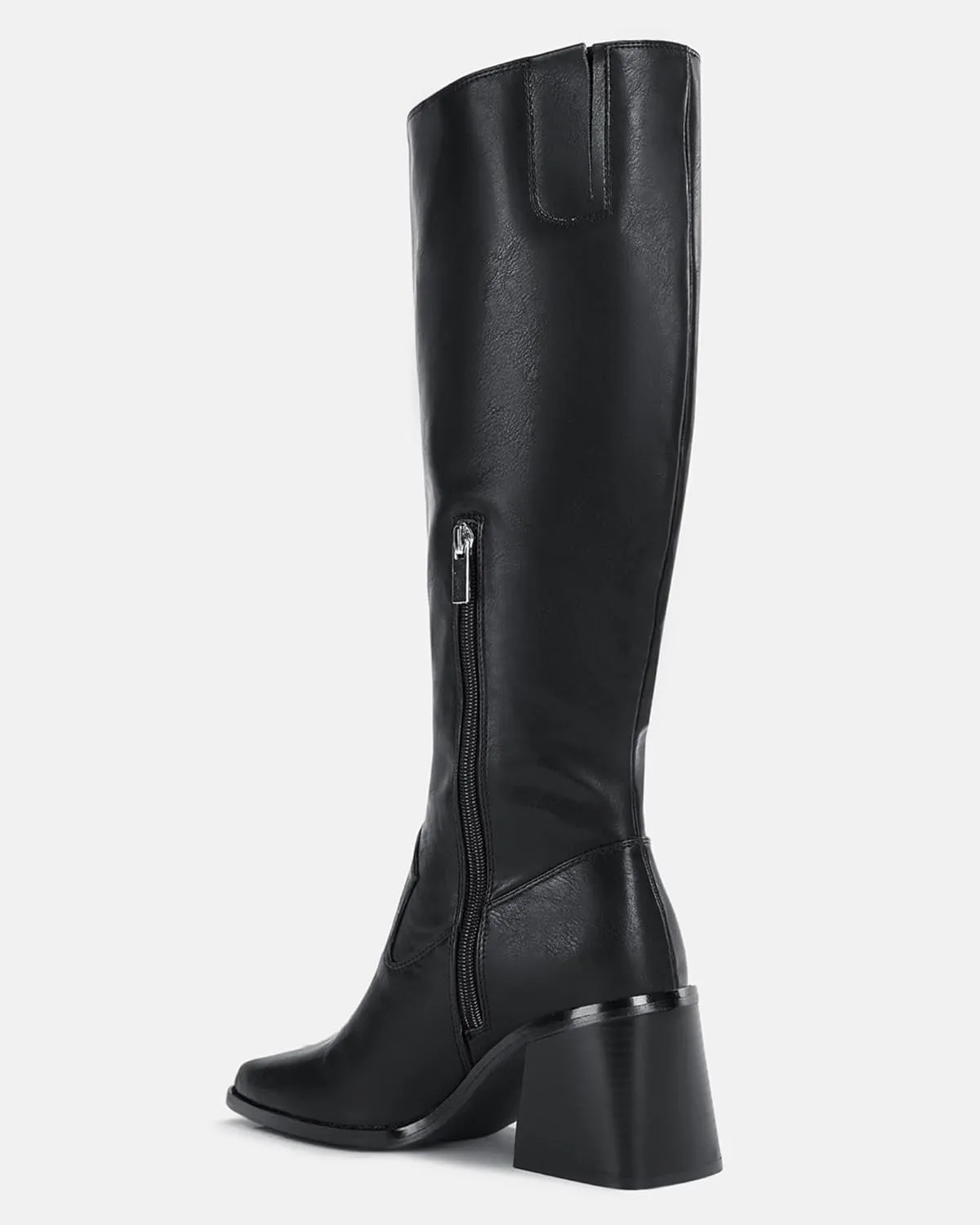 Coutgo Women's Knee High Boots Wide Calf Square Toe Chunky Heeled Pull-on Boot