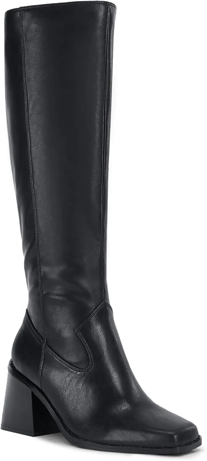 Coutgo Women's Knee High Boots Wide Calf Square Toe Chunky Heeled Pull-on Boot