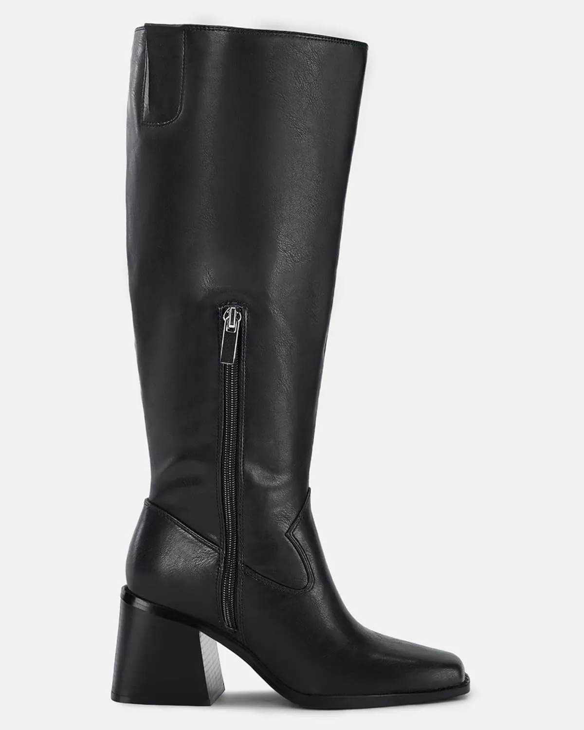 Coutgo Women's Knee High Boots Wide Calf Square Toe Chunky Heeled Pull-on Boot
