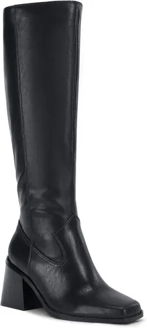 Coutgo Women's Knee High Boots Wide Calf Square Toe Chunky Heeled Pull-on Boot