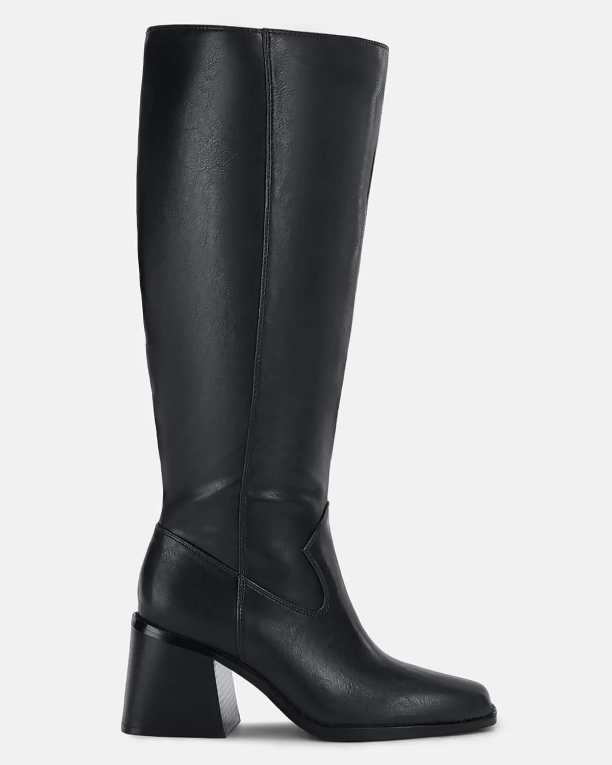 Coutgo Women's Knee High Boots Wide Calf Square Toe Chunky Heeled Pull-on Boot