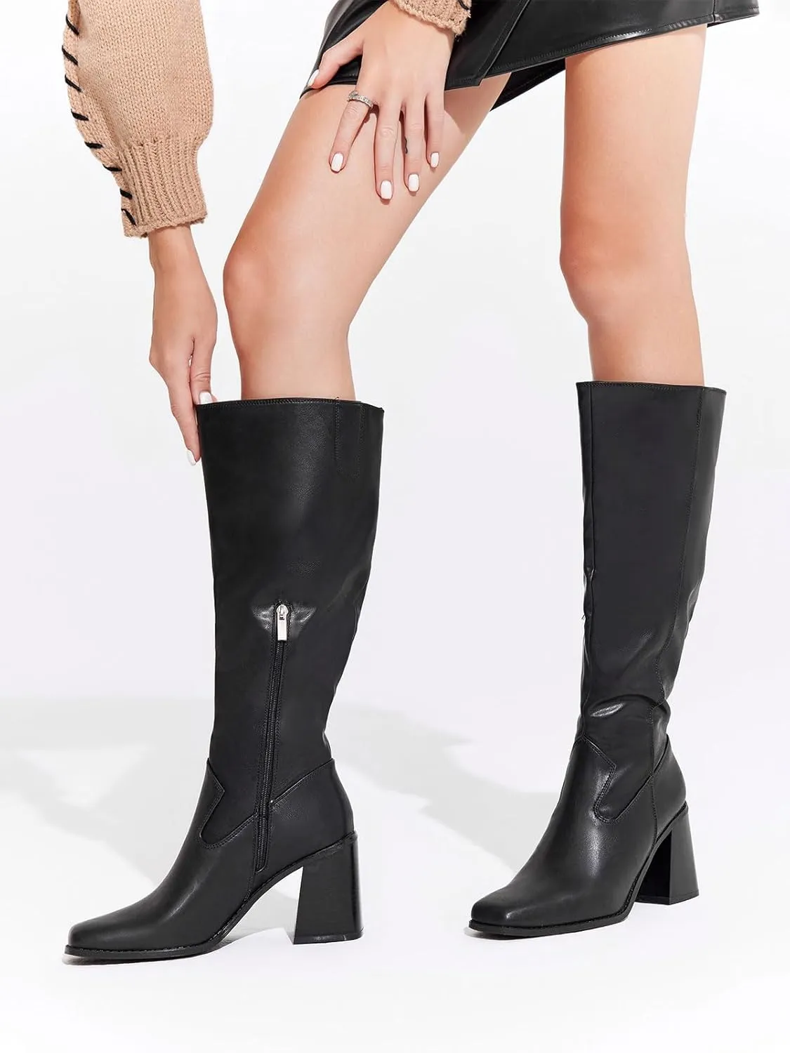 Coutgo Women's Knee High Boots Wide Calf Square Toe Chunky Heeled Pull-on Boot