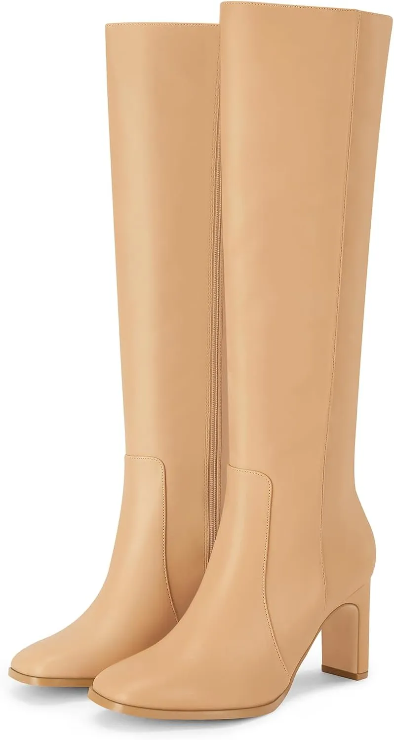 Coutgo Womens Square Toe Knee High Boots Leather Chunky Heel Fashion Dressy Winter Shoes with Side Zipper