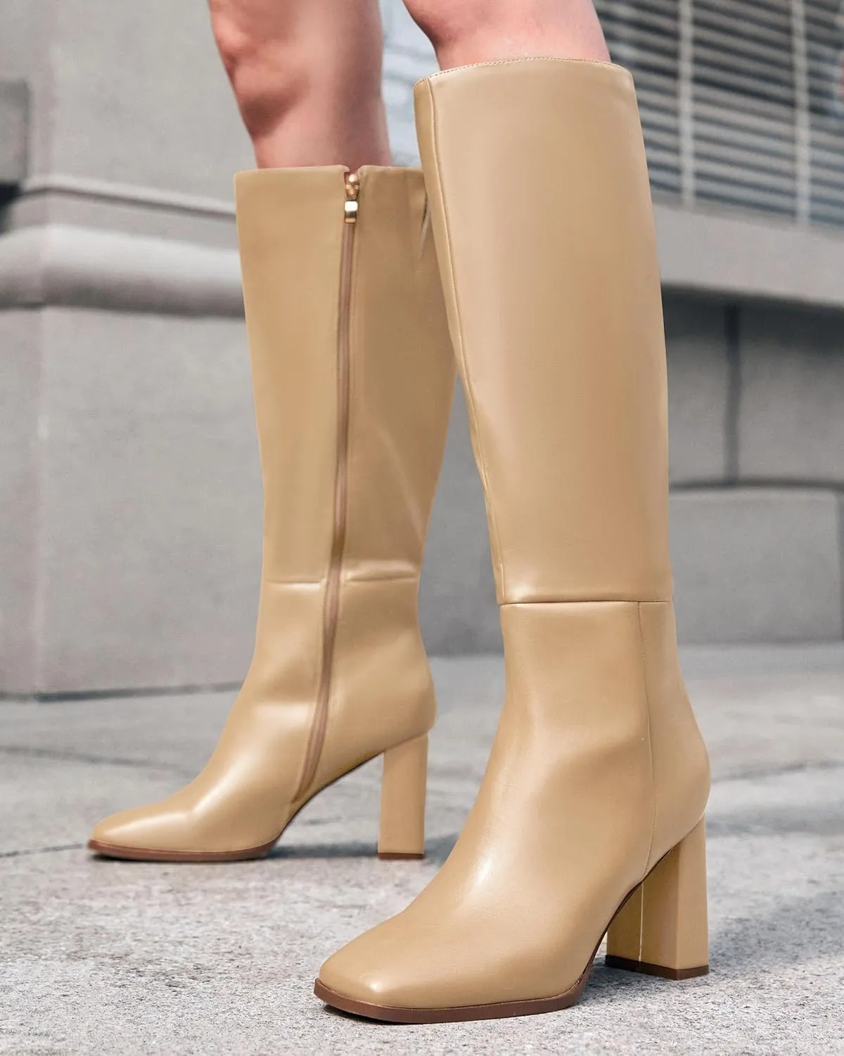 Coutgo Womens Wide Calf Knee High Boots Chunky High Heel Square Toe Fashion Leather Shoes with Side Zipper
