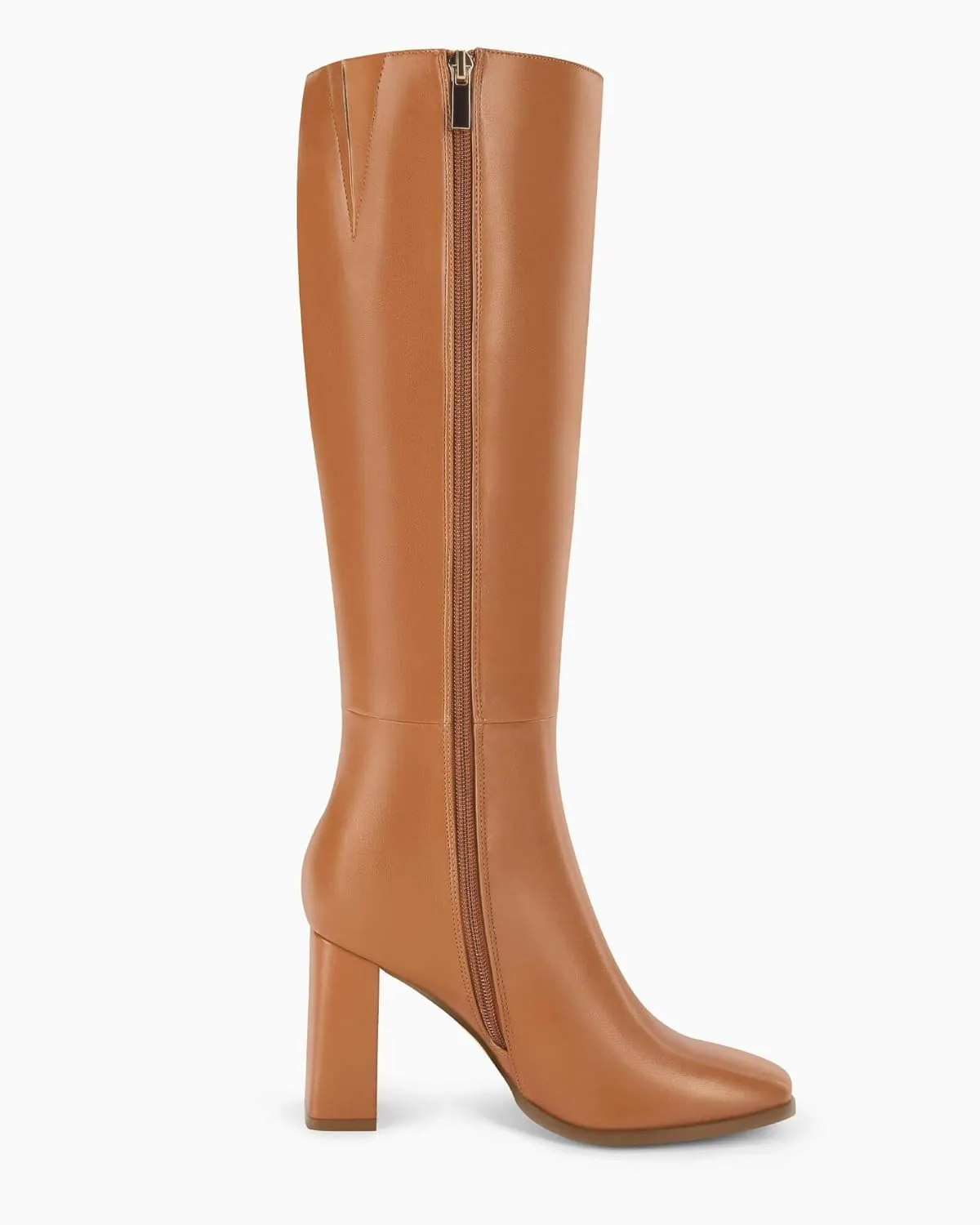Coutgo Womens Wide Calf Knee High Boots Chunky High Heel Square Toe Fashion Leather Shoes with Side Zipper