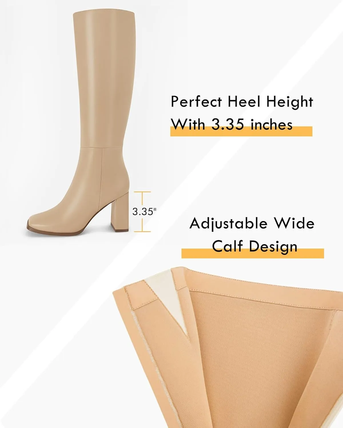 Coutgo Womens Wide Calf Knee High Boots Chunky High Heel Square Toe Fashion Leather Shoes with Side Zipper