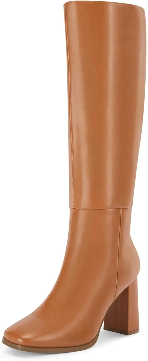 Coutgo Womens Wide Calf Knee High Boots Chunky High Heel Square Toe Fashion Leather Shoes with Side Zipper