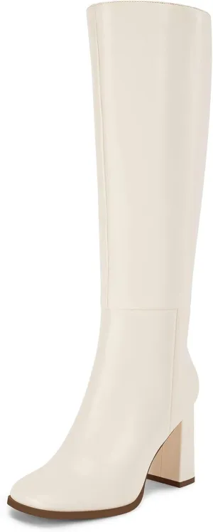Coutgo Womens Wide Calf Knee High Boots Chunky High Heel Square Toe Fashion Leather Shoes with Side Zipper