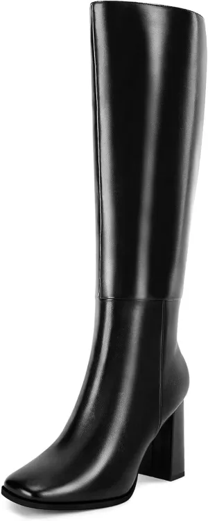 Coutgo Womens Wide Calf Knee High Boots Chunky High Heel Square Toe Fashion Leather Shoes with Side Zipper