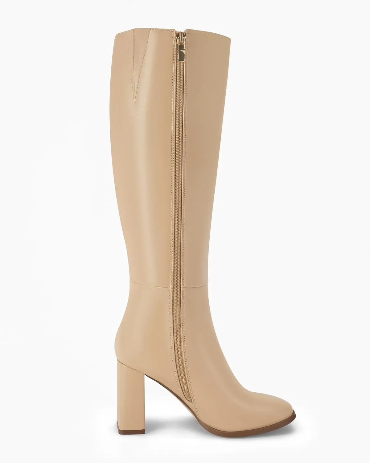 Coutgo Womens Wide Calf Knee High Boots Chunky High Heel Square Toe Fashion Leather Shoes with Side Zipper