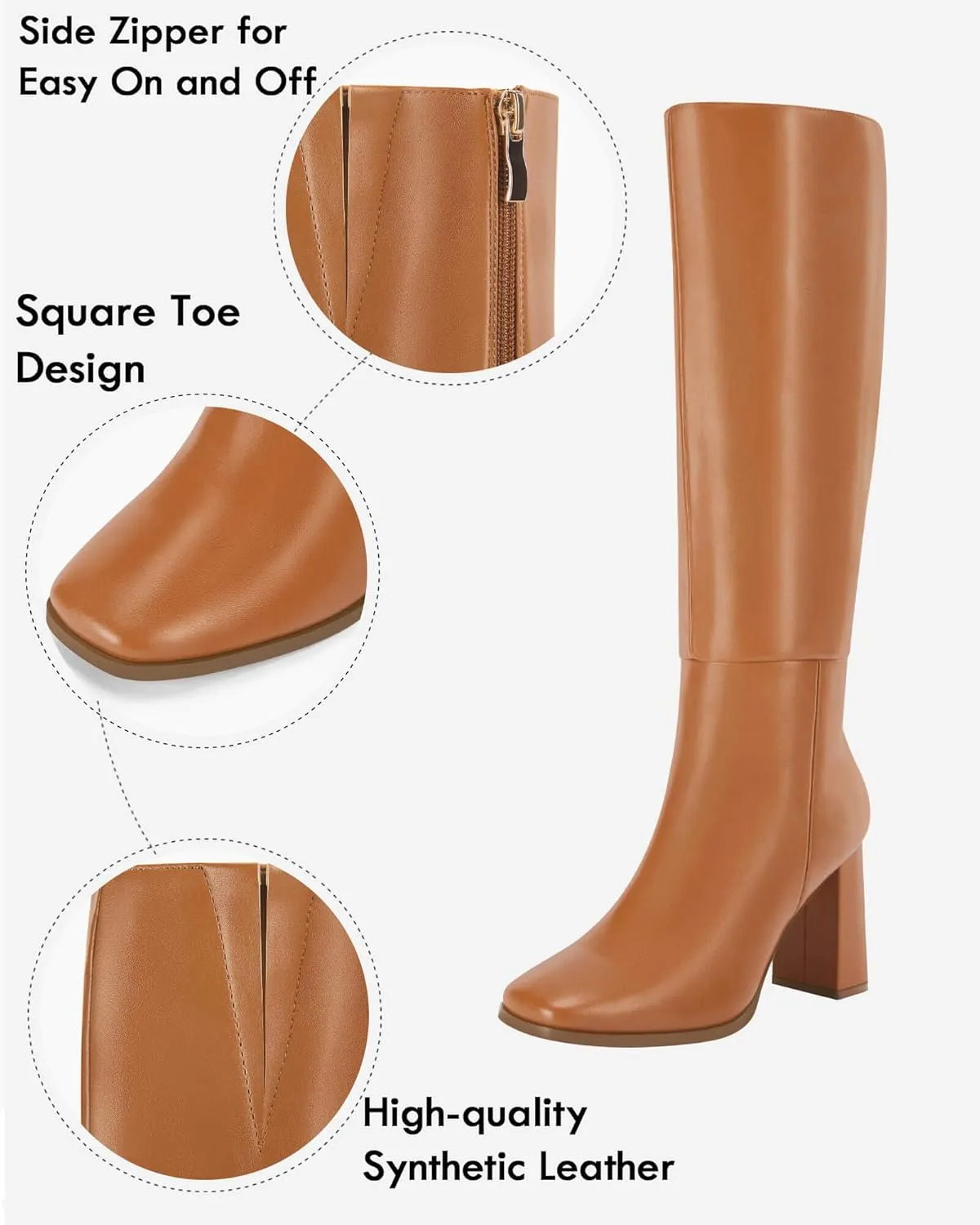 Coutgo Womens Wide Calf Knee High Boots Chunky High Heel Square Toe Fashion Leather Shoes with Side Zipper