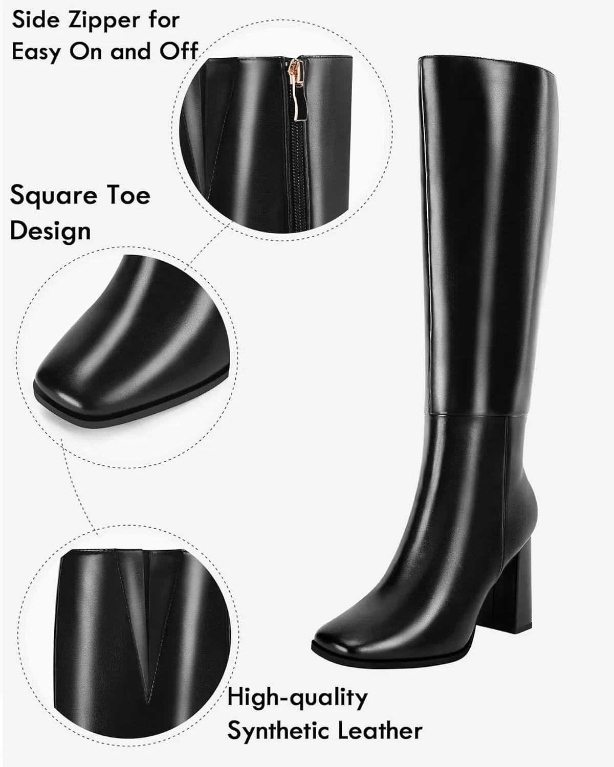 Coutgo Womens Wide Calf Knee High Boots Chunky High Heel Square Toe Fashion Leather Shoes with Side Zipper