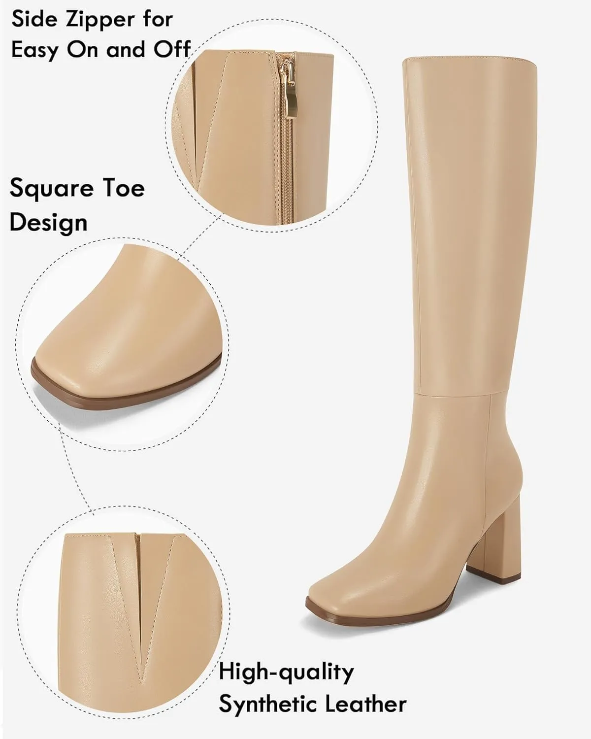 Coutgo Womens Wide Calf Knee High Boots Chunky High Heel Square Toe Fashion Leather Shoes with Side Zipper