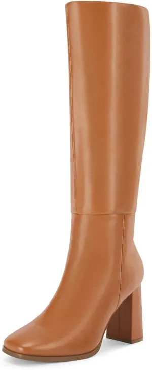 Coutgo Womens Wide Calf Knee High Boots Chunky High Heel Square Toe Fashion Leather Shoes with Side Zipper