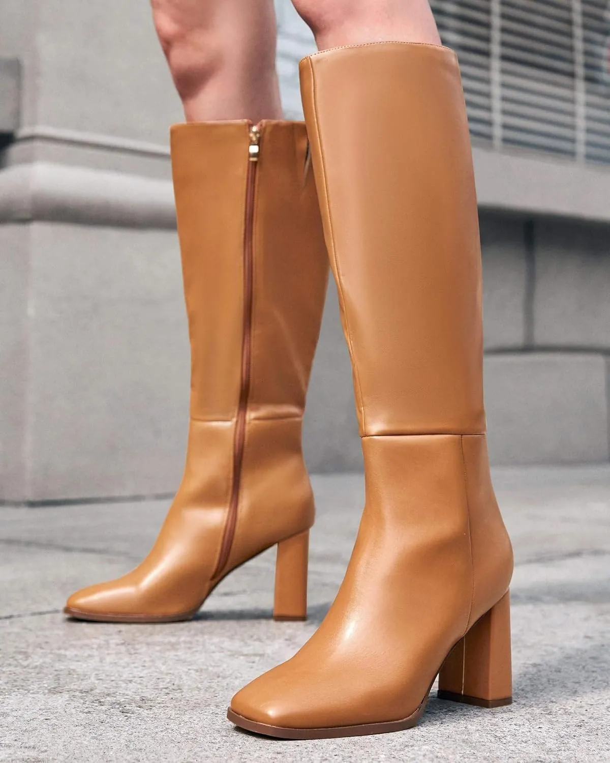 Coutgo Womens Wide Calf Knee High Boots Chunky High Heel Square Toe Fashion Leather Shoes with Side Zipper