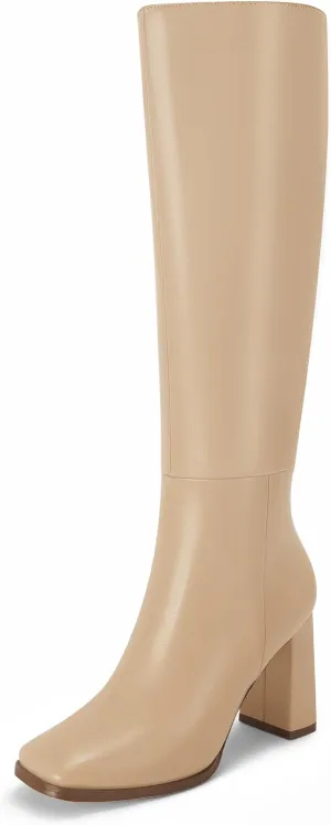 Coutgo Womens Wide Calf Knee High Boots Chunky High Heel Square Toe Fashion Leather Shoes with Side Zipper